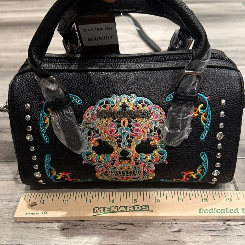 Montana West Black Satchel with Colorful Embroidered Sugar Skull
